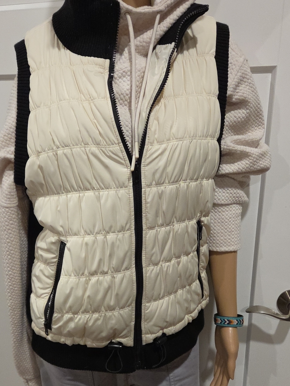 Black Rivet Cream Quilted Vest with Black Trim